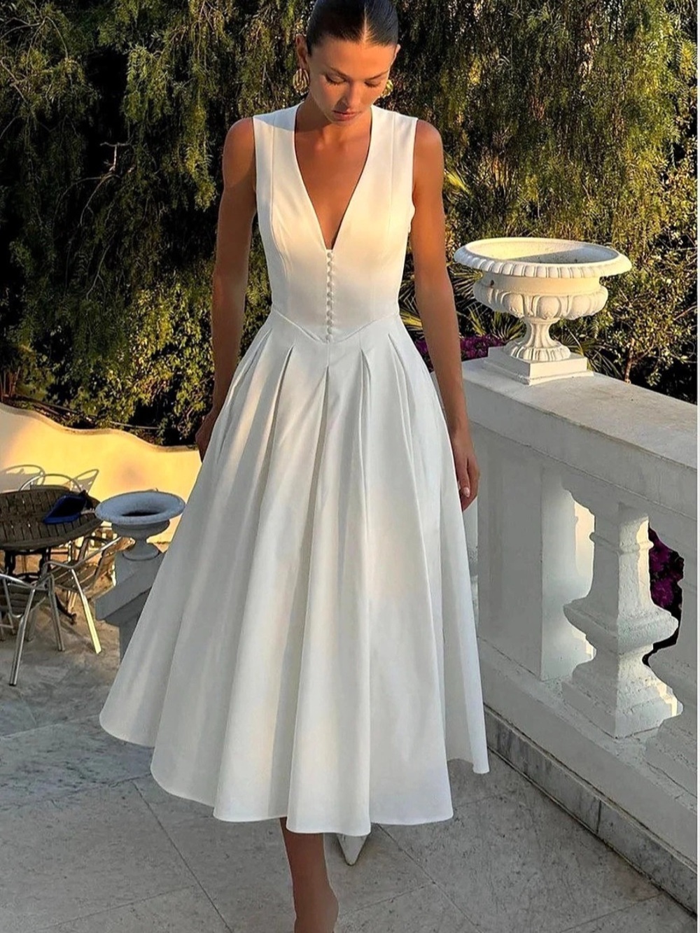 MESHKI Keely Cotton Sleeveless Pleated Midi Dress in White